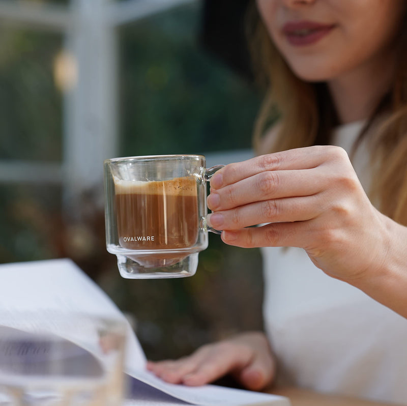 [Australia - AusPower] - OVALWARE RJ3 Espresso Coffee Glass Cups 4oz/120ml (Set of 2) Double Walled Glass Cup w/ Solid Butterfly Handle- Elegant Borosilicate Espresso Shot Mug - Stackable Insulated Transparent Demitasse Glass 2 Count (Pack of 1) 