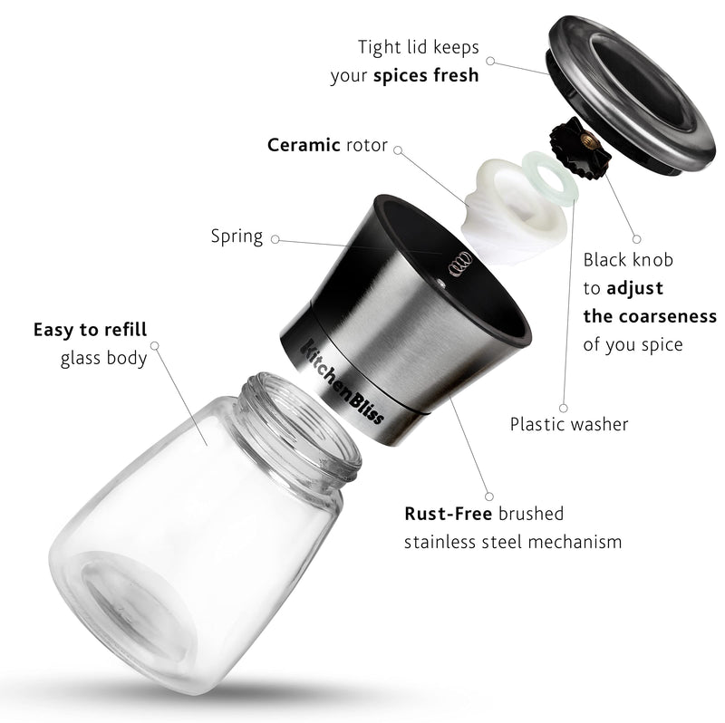[Australia - AusPower] - Professional Salt and Pepper Grinder Set – Premium Stainless Steel Salt and Pepper Shakers with Ceramic Spice Grinder Mill for Adjustable Coarseness - Added Bonus a Bamboo spoon and a Cleaning Brush. 