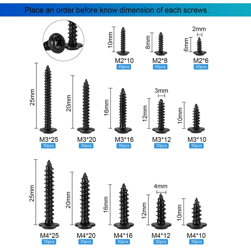 [Australia - AusPower] - HanTof 420pcs M2 M3 M4 Phillips Truss Head Self-Tapping Screws,Wafer Head Screws, Pan Head with Washer Wood Screws,13 Sizes Self Tapping Screws Assortment Kit,Black Carbon Steel Black 