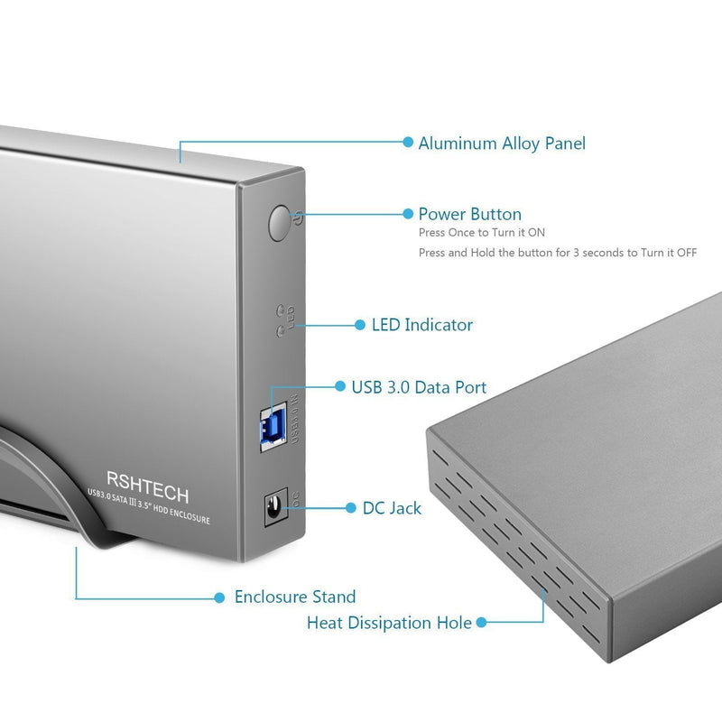 [Australia - AusPower] - Hard Drive Enclosure RSHTECH USB 3.0 to SATA Aluminum External Hard Drive Dock Case for 3.5 inch HDD SSD up to 16TB Drives, Support UASP (RSH-339) USB 3.0 Enclosure 