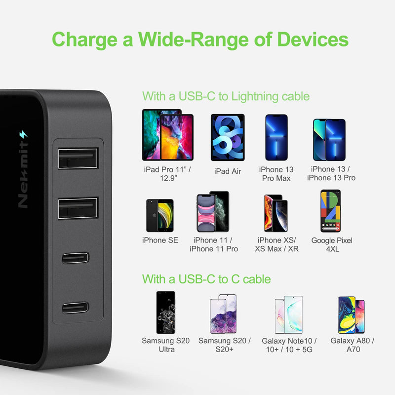 [Australia - AusPower] - Nekmit USB C Charger, Fast Thin Flat 52W 4-Port Wall Charger with Two 20W Power Delivery and 2 USB Port for iPhone 13/13 Mini/13 Pro/13 Pro Max, Galaxy, Pixel, iPad Pro, AirPods Pro and More, Upgraded Black 