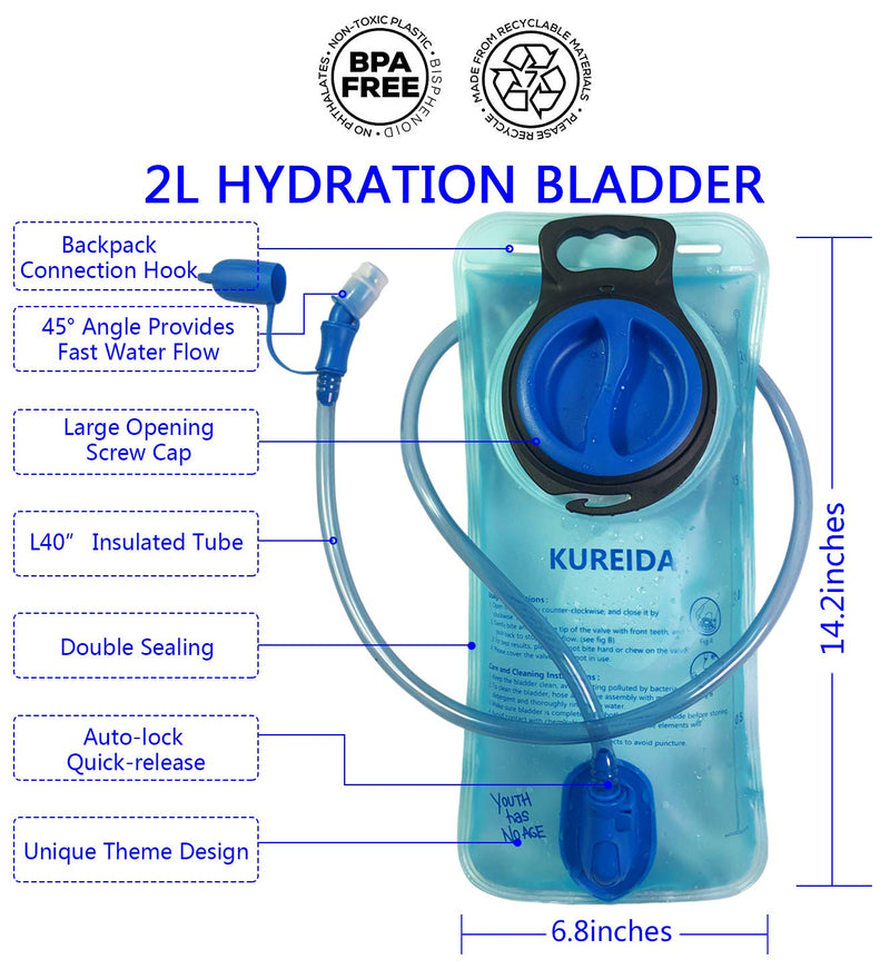 [Australia - AusPower] - KUREIDA Hydration Bladder 2 Liter Leak Proof Water Reservoir,BPA Free,Wide Opening, Military Water Bladder Combined with Hydration Backpacks for Biking Hiking Running Camping Climbing. 