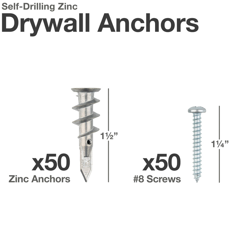 [Australia - AusPower] - Qualihome Heavy Duty ZINC Self Drilling Drywall Anchors and Screws Kit | Includes 50 Drywall Anchors, 50 #8 1-1/4 Inch Screws & Reusable Storage Case | Anchors are Made in The USA 