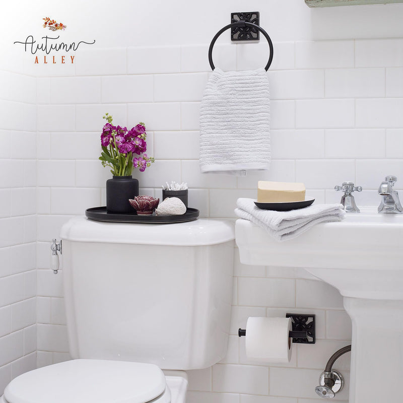 [Australia - AusPower] - Autumn Alley Bathroom Toilet Paper and Towel Holder Set - Wall Mount Modern Bathroom Hardware Black Accessories, 2 PC, Matte Black Toilet Paper Holder, Black Hand Towel Ring Holder for Bathroom Wall 