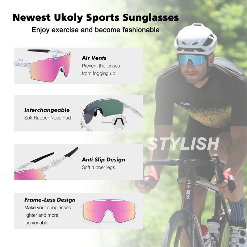 [Australia - AusPower] - Ukoly Cycling Sunglasses for Men Women with 3 Interchangeable Lenses, Polarized Sports Sunglasses, Baseball Sunglasses 1 Lens/Pink 