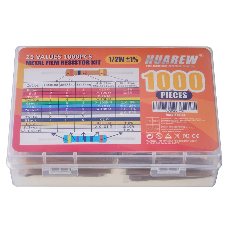 [Australia - AusPower] - HUAREW 25 Values Single Resistor Kit with 1000 Pcs 1 Ohm-1M Ohm 1/2 W 1% Metal Film Resistors Assortment Kit for DIY Projects and Experiments 