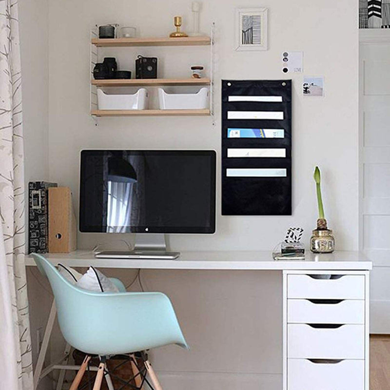 [Australia - AusPower] - Set of 2 Hanging File Holder Organizer Rack, 5 Pocket File Folders, Wall Mount, Tier Racks Hang Bedroom Desk Expanding Fabric File, Board Business Card, Bathroom Hair Tool, Home Decor Shelf Black 5 Pocket (2 Pack) 