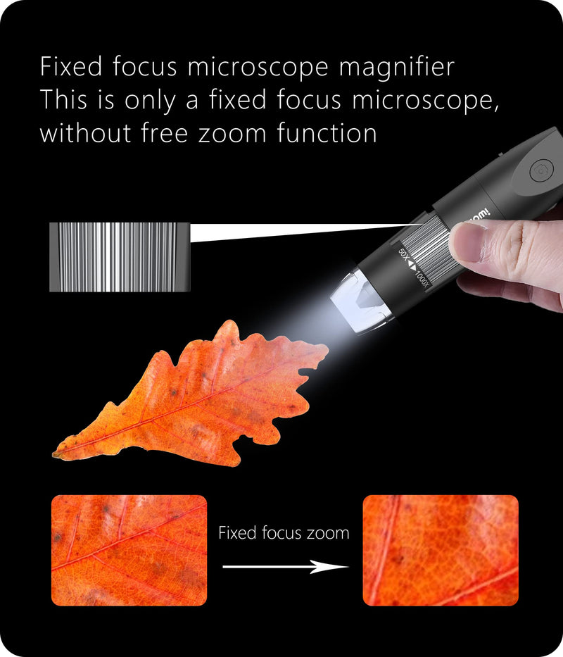 [Australia - AusPower] - Digital Microscope Wireless Pocket Handheld USB Microscopes, 50x-1000x Zoom Fixed Focus HD Magnifier with LEDs, Inspection Camera Compatible with iPhone, Android Phone, MacBook, Windows PC (Black) Black 