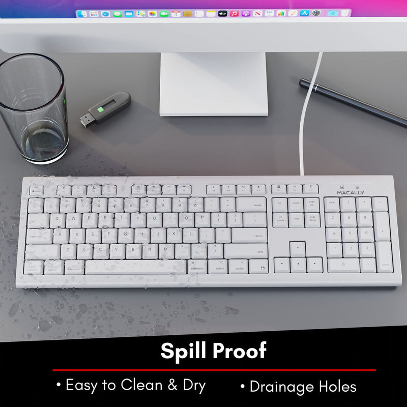 [Australia - AusPower] - Macally Full-Size USB Wired Keyboard for Mac Mini/Pro, iMac Desktop Computer, MacBook Pro/Air Desktop w/ 16 Compatible Apple Shortcuts, Extended with Number Keypad, Rubber Domed Keycaps - Spill Proof white 