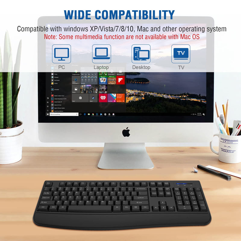 [Australia - AusPower] - Wireless Keyboard, EDJO 2.4G Ergonomic Full Size Wireless Computer Keyboard with Wrist Rest for Windows, Mac OS Desktop/Laptop/PC（Black） black 