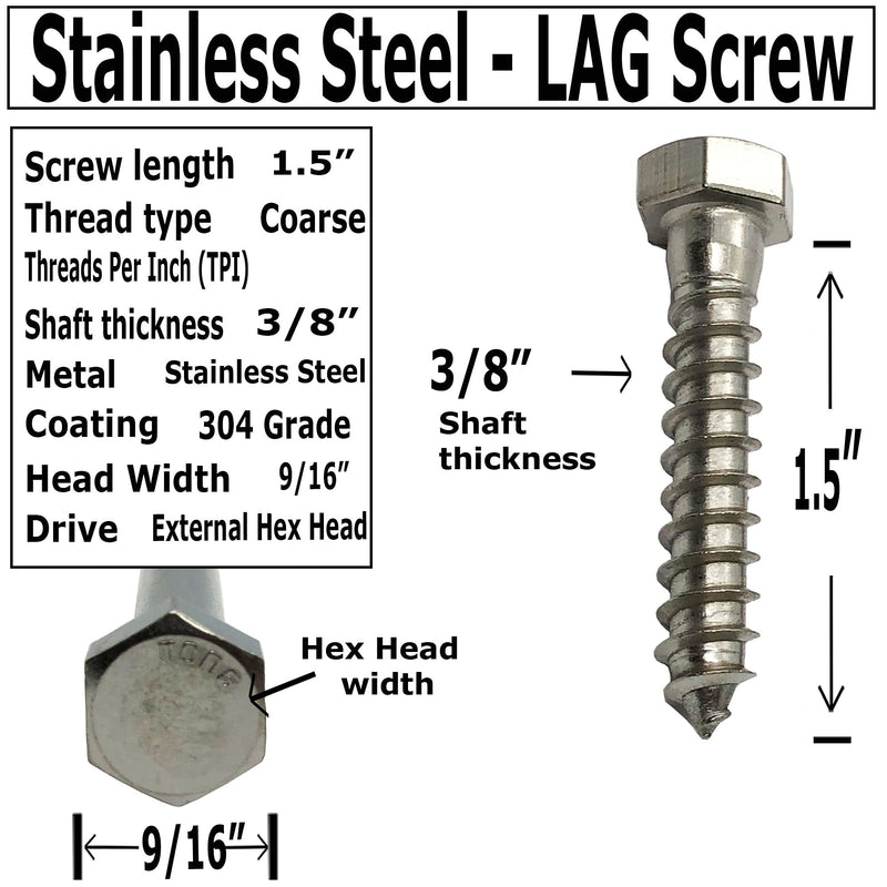[Australia - AusPower] - 3/8" X 1.5" - 304 Grade Stainless Steel lag screws, Hex head fasteners, stainless steel screw. Use as Construction, wood, metal, lag screw, mounting screws fasteners lag bolts. Heavy duty screws. (25) 25 