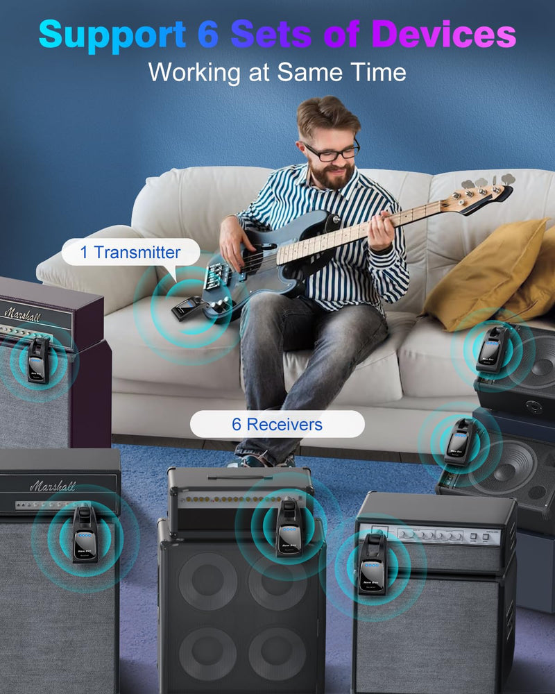 [Australia - AusPower] - Wireless Guitar System 2.4GHz with 6 Channels Rechargeable Audio Wireless Guitar Transmitter Receiver for Guitar Bass Electric Instruments 