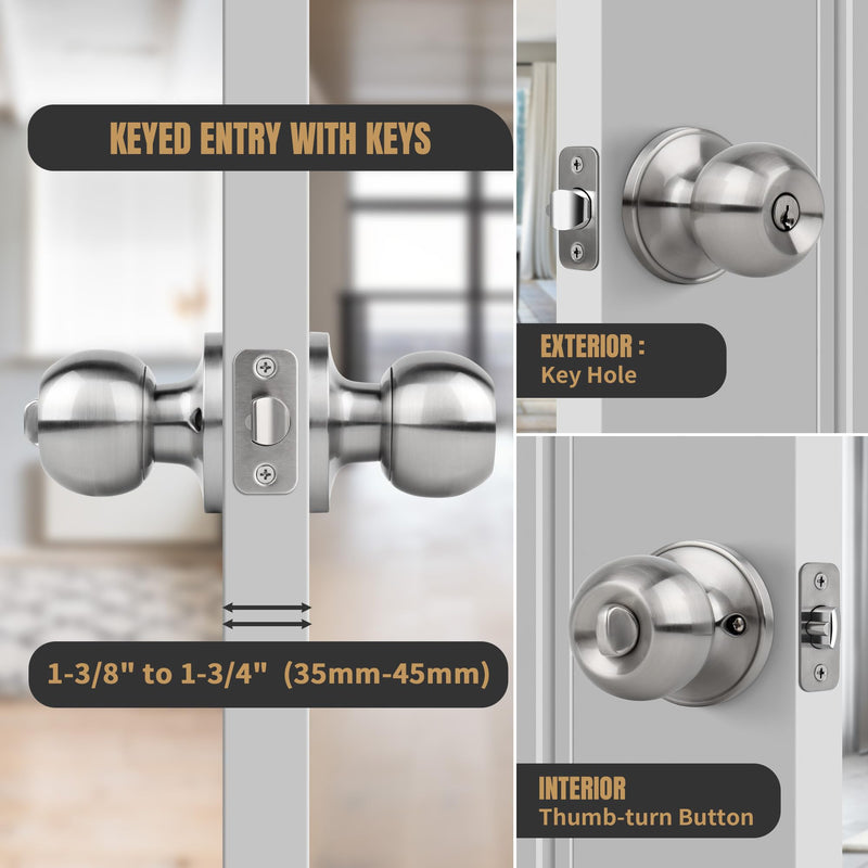 [Australia - AusPower] - Gaurqiah Keyed Entry Door Knob, Ball Design Doorknob for Interior Exterior, Reversible Round Door Lock for Front Entrance Doors, Stain Nickel Keyed Entry {Stain Nickel} 