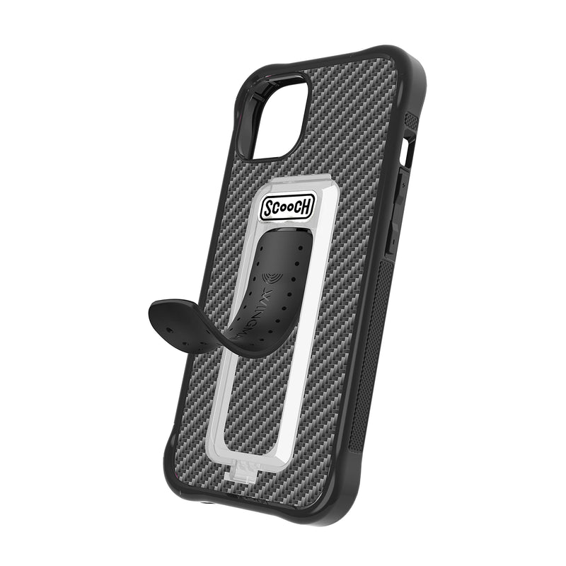 [Australia - AusPower] - Scooch Wingman Case with Pop Out Car Mount, Grip, and Kickstand for iPhone 13 [10 ft Drop Protection] Slim Phone Cover, Compatible with Magnetic Phone Holders 6.1 Inch (2021) (Tuxedo/Carbon Fiber) Tuxedo Case / Carbon Fiber Insert 