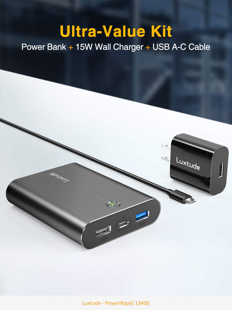 [Australia - AusPower] - Luxtude 13400mAh Power Bank Portable Charger for iPhone, iPad, Samsung and Android, Fast Charging PD Portable Charger, 18W PD &QC 3.0 Power Delivery USB C Power Bank. (USB-C Charger & Cable Included) 13400mAh-Black 
