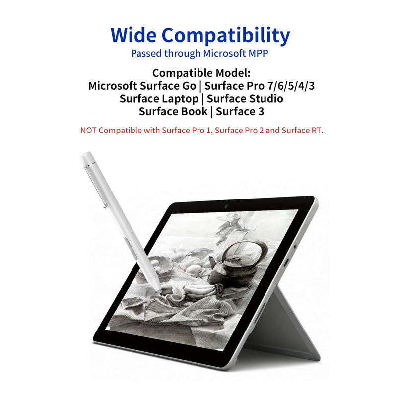 [Australia - AusPower] - VORCSBINE Active Stylus Pen for Microsoft Surface Pro X/7/6/5/4/3/2/1, Surface Go 2/1, Surface Laptop/Studio with 1024 Level Pressure Sensitivity with MPP Certificate -Platinum Platinum 