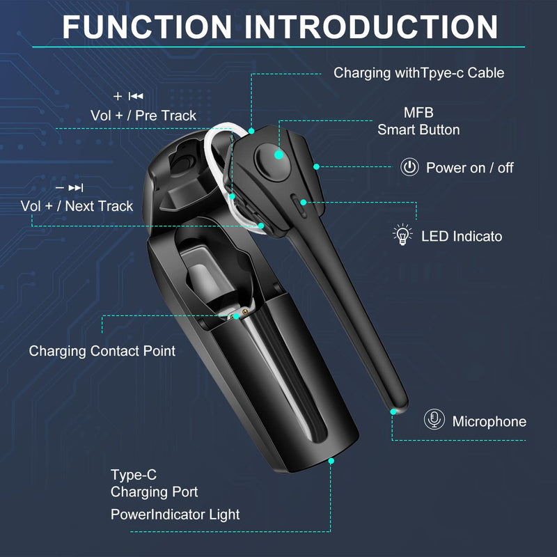[Australia - AusPower] - OPINAY Bluetooth Headset,Wireless Ultralight V5.1 Bluetooth Earpiece,CVC8.0 HD Hands-Free Earphones with Built-in Mic,60Hrs Playtime with 500mAh Charging Case for Business/Office/Driving/Workout Black 