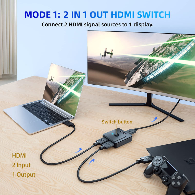 [Australia - AusPower] - HDMI Switch 4k HDMI Splitter, Bi-Directional HDMI Splitter 1 in 2 Out or HDMI Switcher 2 in 1 Out Supports 4K 3D HDMI Splitter for Xbox Switch PS5/4/3 Blu-Ray Player Fire Stick Roku. 