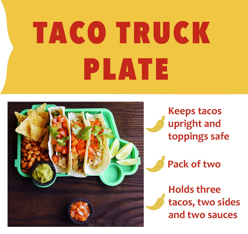 [Australia - AusPower] - Evriholder Taco Truck Plate 2 Pack, Fun Shape for Tacos, Great for Parties, Whole Taco Meal for Kids and Adults, Green, Includes 2 Plates and 4 Salsa Cups, one size (1987A2P6-AMZ) 