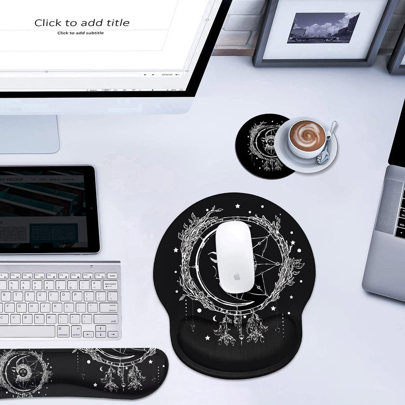 [Australia - AusPower] - Keyboard Wrist Rest and Mouse Pad Wrist Support Set, Non-Slip PU Base, Easy Typing and Relieve Wrist Pain, Perfect for Home Office Working Studying, Celestial Theme Sun with Crescent Moon 