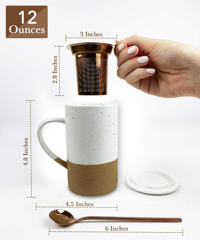 [Australia - AusPower] - Mora Ceramics Tea Cup with Loose Leaf Infuser, Spoon and Lid, 12 oz, Microwave and Dishwasher Safe Coffee Mug - Rustic Matte Ceramic Glaze, Modern Herbal Tea Strainer - Great Gift for Women, Petro 
