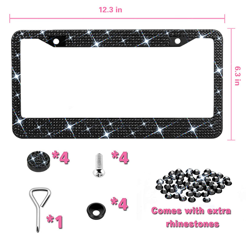 [Australia - AusPower] - Bling License Plate Frame for Women，Sparkly License Plate Frames| Stainless Steel Frames & Over 1200 pcs Finest 14 Facets Black Glass Diamond Rhinestone Crystals w/ Free Premium Black Diamond+GiftBox 