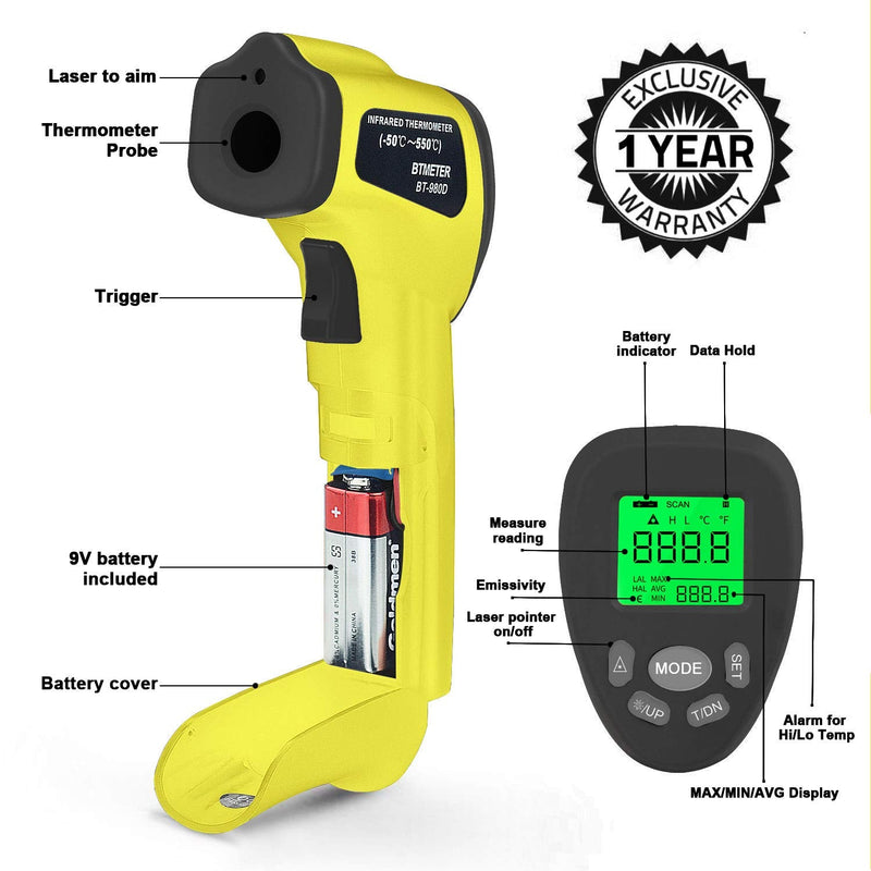 [Australia - AusPower] - BTMETER BT-980D D:S 12:1 Handheld Industrial Infrared Thermometer, Digital Non-Contact Laser Temperature Gun for -58℉ to 1022℉(-50°C ~ 550°C) - NOT for Human Temp BT-980D(-58℉ to 1022℉, D:S=12:1) 