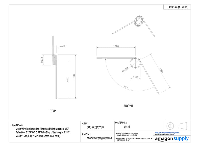 [Australia - AusPower] - Music Wire Torsion Spring, Right Hand Wind Direction, 120° Deflection, 0.275" OD, 0.02" Wire Size, 1" Leg Length, 0.187" Mandrel Size, 0.113" Min. Axial Space (Pack of 10) 