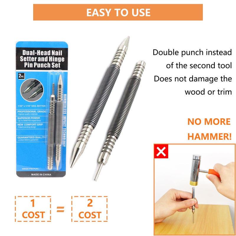 [Australia - AusPower] - WHLLING 2-Piece Dual Head Nail Setter and Hinge Pin Punch Set, Hammerless 1/32″& 1/16″Nail Set, 3500 PSI Striking Force Door Pin Removal Tool 