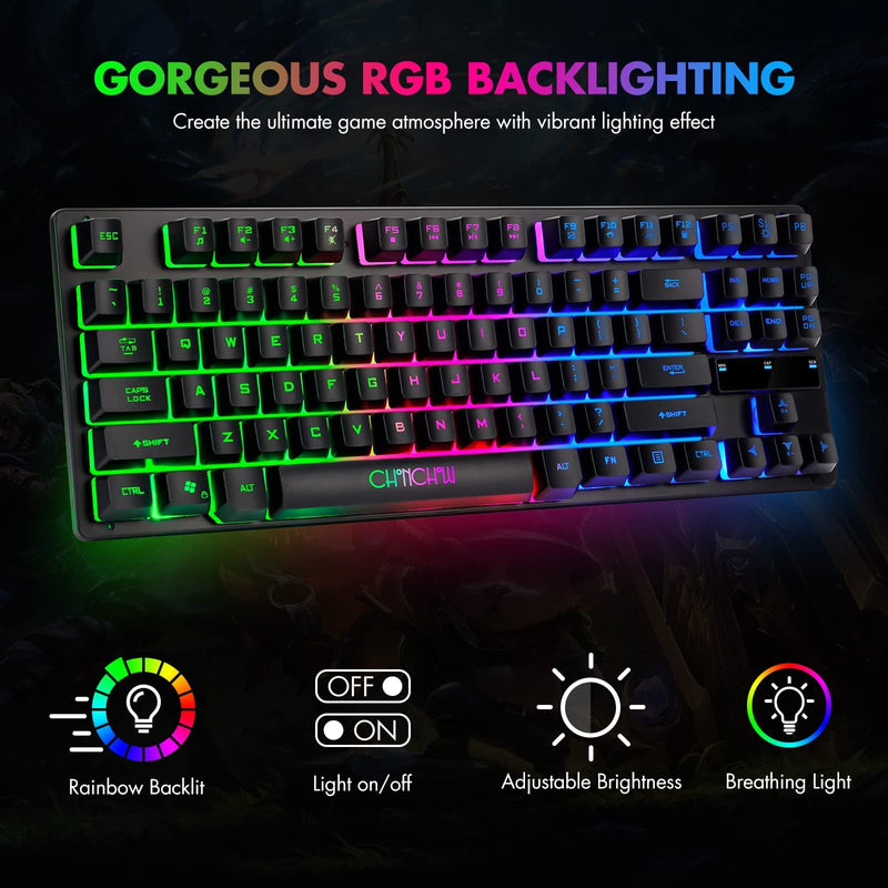 [Australia - AusPower] - RGB Compact Gaming Keyboard, CHONCHOW USB Wired 87 Keys Gaming Keyboard LED Rainbow Backlit Tenkeyless Gaming Keyboard TKL Keyboard Gaming RGB Keyboard for Laptop Ps4 Xbox PC Computer Game and Work Black 
