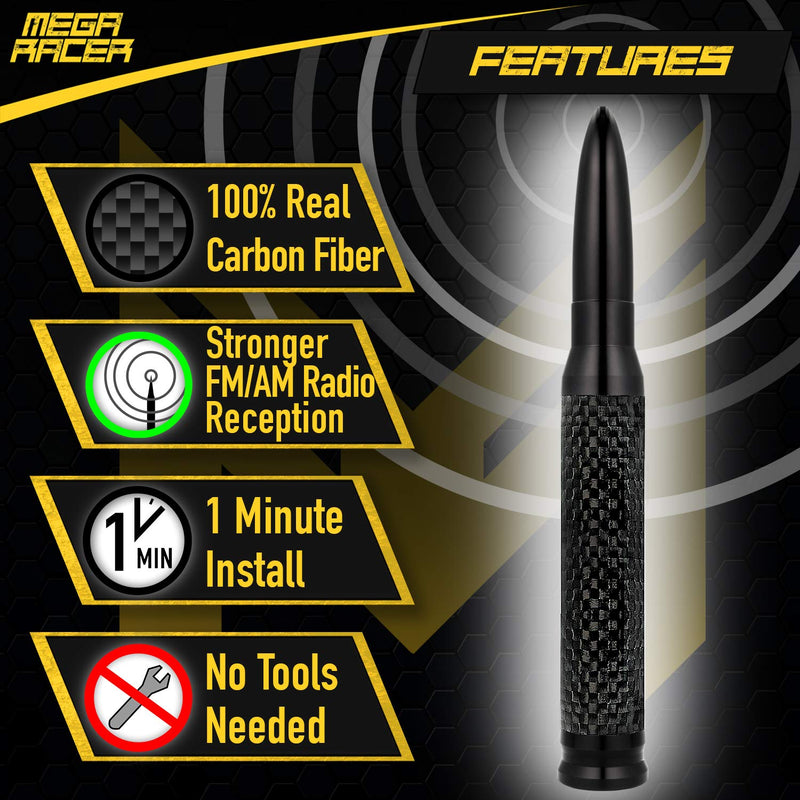 [Australia - AusPower] - Mega Racer 50 Cal Bullet Antenna - Black Carbon Fiber 5.5 Inch AM/FM Compatible Universal Fit for Truck, Solid Aluminum with Anti-Theft Design and Car Wash Safe Black with Carbon Fiber 