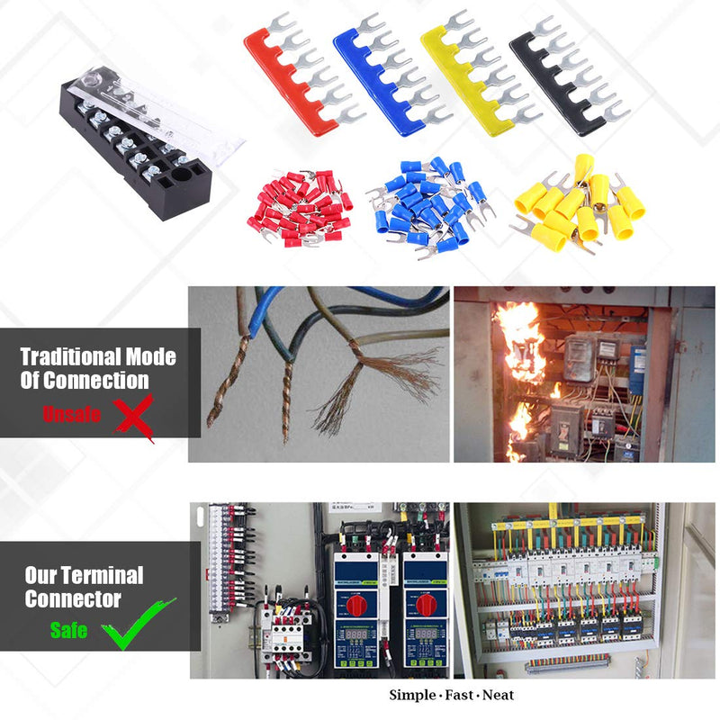 [Australia - AusPower] - Glarks 70Pcs(5Sets) Terminal Block Set, 5Pcs 6 Positions 600V 15A Dual Row Screw Terminals Strip + 5Pcs Pre-Insulated Barrier Strips + 60Pcs Insulated Fork Wire Connector (6P+Fork Connector) 6P+Fork Connector 