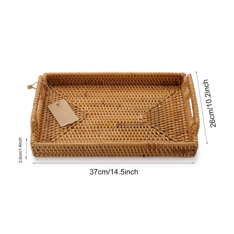 [Australia - AusPower] - DECRAFTS Hand-Woven Rattan Rectangular Serving Tray with Handles for Breakfast, Drinks, Snack for Coffee Table (14.5x10.2x1.4inches) 14.5x10.2x1.4inches 