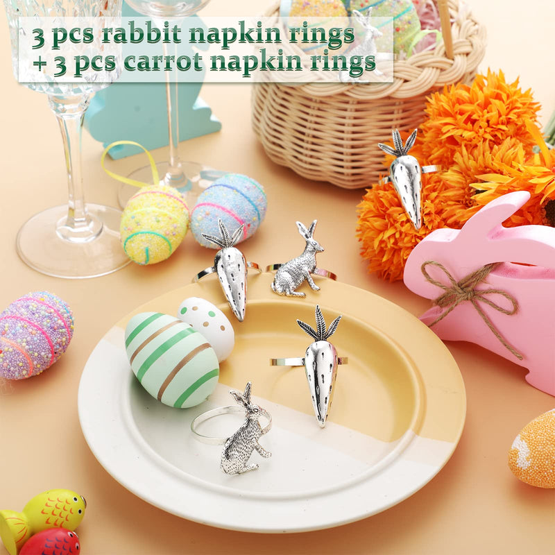 [Australia - AusPower] - Set of 6 Easter Bunny Napkin Ring Rabbit Carrot Napkin Ring Holder Metal Alloy Napkin Rings Easter Theme Napkin Ring Serviette Buckle for Easter Wedding Holiday Table Decor (Cute Style, Silver) Cute Style 