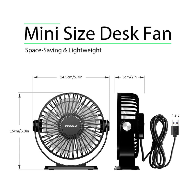 [Australia - AusPower] - TriPole Small Desk Fan USB Powered Portable Fan 3 Speeds Strong Airflow Mini Fan 360°Rotation Personal Fan 5.1 Inch Table Fan for Home Office Bedroom Desktop, Black, 4.9ft Cable 