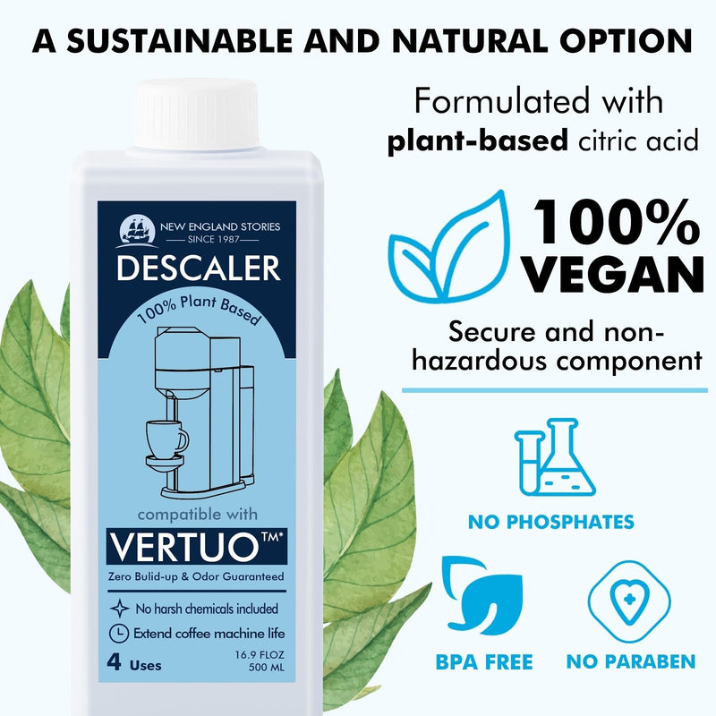 [Australia - AusPower] - New England Stories Nespresso Compatible Descaling Kit, 12 Months Cleaning Set for Vertuoline Brewer, Includes 1 Bottle(4 Uses) of Descaling Solution, 12 Cleaning Tablets and 1 Reusable Pod 