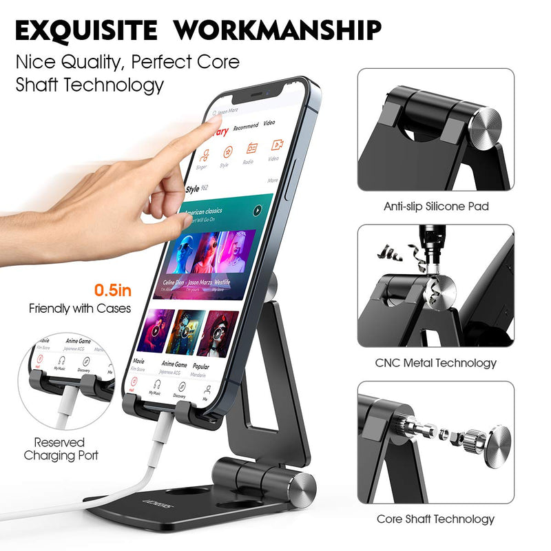 [Australia - AusPower] - Cell Phone Stand,licheers Phone Stand for Desk, Foldable Desktop Phone Holder Dock Compatible with iPhone 13/12/11/mini/Pro Max, SE, XR, 8 Plus 7 6, Samsung Galaxy, Google Pixel and More(Black) Black 