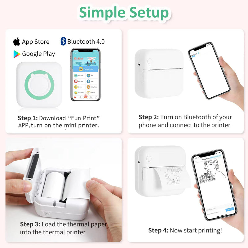 [Australia - AusPower] - AURTEC Mini Thermal Printer, Portable Wireless Bluetooth Inkless Printer with 3 Rolls of Sticker and 3 Rolls of Thermal Paper, Compatible with Android/iOS, Pocket Printer for Memo, DIY, Photo and More Green 
