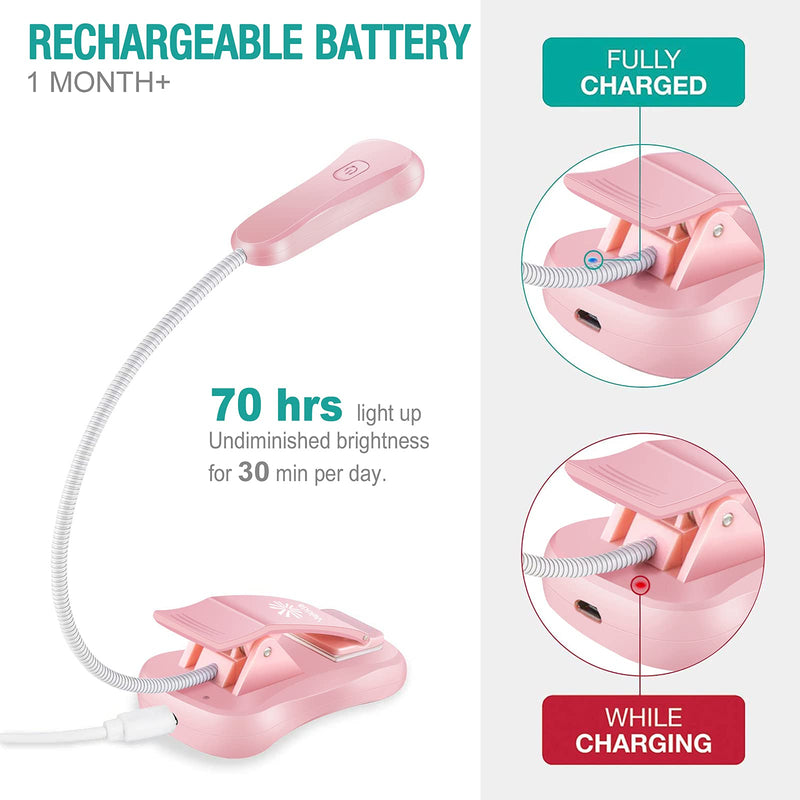 [Australia - AusPower] - Vekkia Rechargeable Book Light for Reading in Bed, 3 Color x 3 Brightness, Lightweight Reading Light, Up to 70 Hours Lighting, Perfect for Readers, Kids & Travel (Pink) Pink 