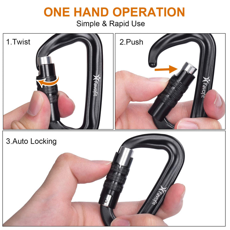 [Australia - AusPower] - Favofit Auto Locking Carabiner Clips, 4 Pack, 12KN (2697 lbs) Heavy Duty Caribeaners for Camping, Hiking, Outdoor & Gym etc, Twistlock Carabiners for Dog Leash & Harness Black 