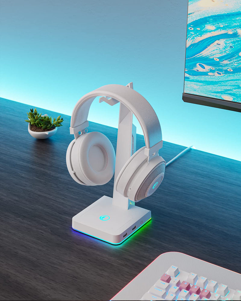 [Australia - AusPower] - IFYOO RGB Gaming Headset Stand with 2 USB Ports, Game Headphone Mount for PC, Xbox One, PS4, Switch, Earphone Holder Hanger, Great for Gaming Stations, Fancy Desk Gamer Accessories, White 