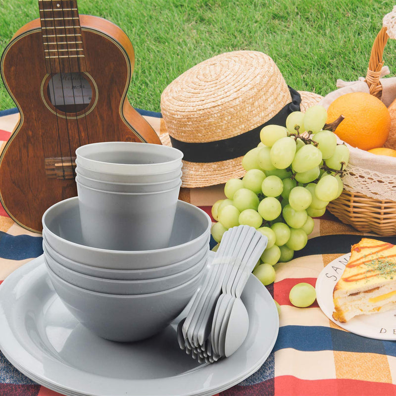 [Australia - AusPower] - Plastic Plates College Dorm Room Essentials Dishes Set Camping Plates and Bowls Dishes Set Dinnerware Accessories Mess Kit-Microwaveoven Safe BPA-Free with Mesh Bag-24PCS Gray 