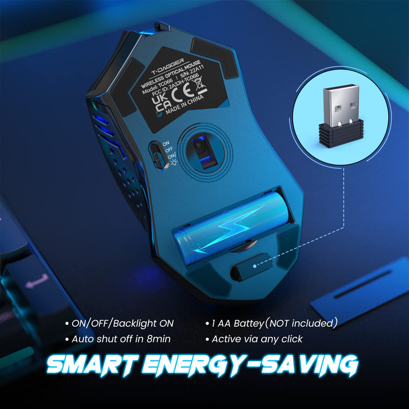 [Australia - AusPower] - Wireless Gaming Mouse- USB Cordless PC Computer Mice with LED Blue Backlit, Ergonomic Silent Gamer Laptop Mouse with 7 Silent Click Buttons, 5 Adjustable DPI Plug & Play for PC, Windows, Mac 