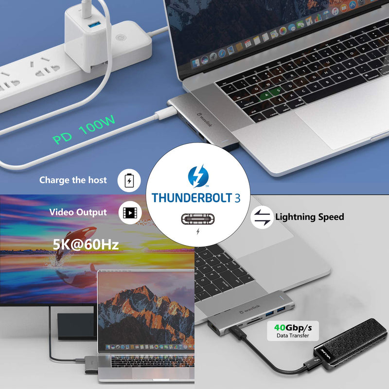 [Australia - AusPower] - WAVLINK USB C Hub, 7-in-2 Type C Adapter Mini Docking Station with Thunderbolt 3 USB C Port, 4K HDMI, 2 USB 3.0, SD/TF Card Reader, 100W PD for MacBook Pro 2016-2020 MacBook Air 2018-2020 7-in-2 HDMI+Thunderbolt 3+100W 