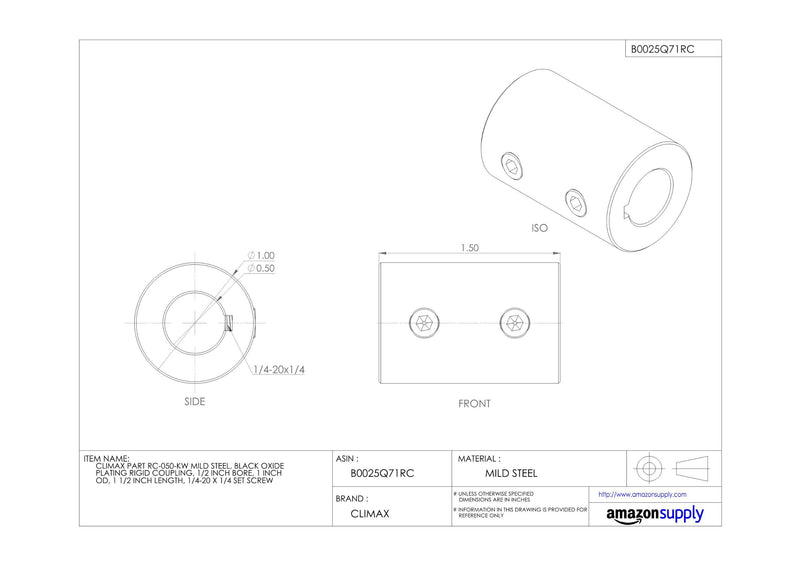 [Australia - AusPower] - Climax Part RC-050-KW Mild Steel, Black Oxide Plating Rigid Coupling, 1/2 inch bore, 1 inch OD, 1 1/2 inch Length, 1/4-20 x 1/4 Set Screw 