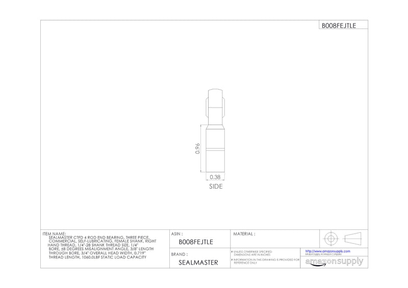 [Australia - AusPower] - Sealmaster CTFD 4 Rod End Bearing, Three Piece, Commercial, Self-Lubricating, Female Shank, Right Hand Thread, 1/4"-28 Shank Thread Size, 1/4" Bore, ±8 degrees Misalignment Angle, 3/8" Length Through Bore, 3/4" Overall Head Width, 0.719" Thread Length,... 