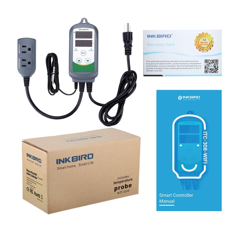 [Australia - AusPower] - Inkbird WiFi Temperature Controller ITC308 Reptile Freezer Thermostat Digital Heating and Cooling Heater Cooler Greenhouse Plug Outlet 2 Stage 1100W 110V ITC-308 WIFI version 