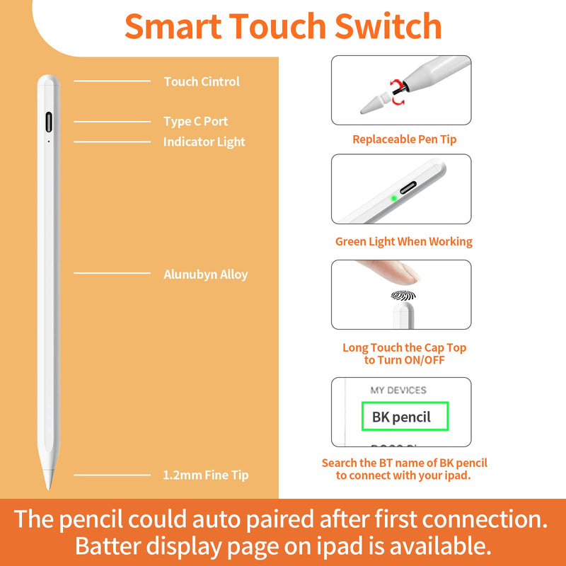 [Australia - AusPower] - [Long Battery Life] Stylus Pen for iPad with Power Display Compatible with iPad Pro 12'' 3/4/5 Gen and iPad Pro 11'' ,iPad Mini 6th Gen, iPad Air 3/4/5, iPad Mini 5/6th, iPad 6/7/8th Gen… pencil 