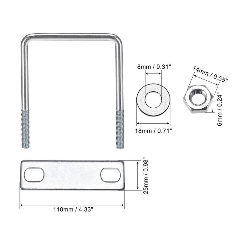 [Australia - AusPower] - uxcell Square U-Bolts 3-1/8"(80mm) Inner Width Carbon Steel M8 with Nuts, Frame Plate, Round Washers 2 Set 80x130mm(W*L) 