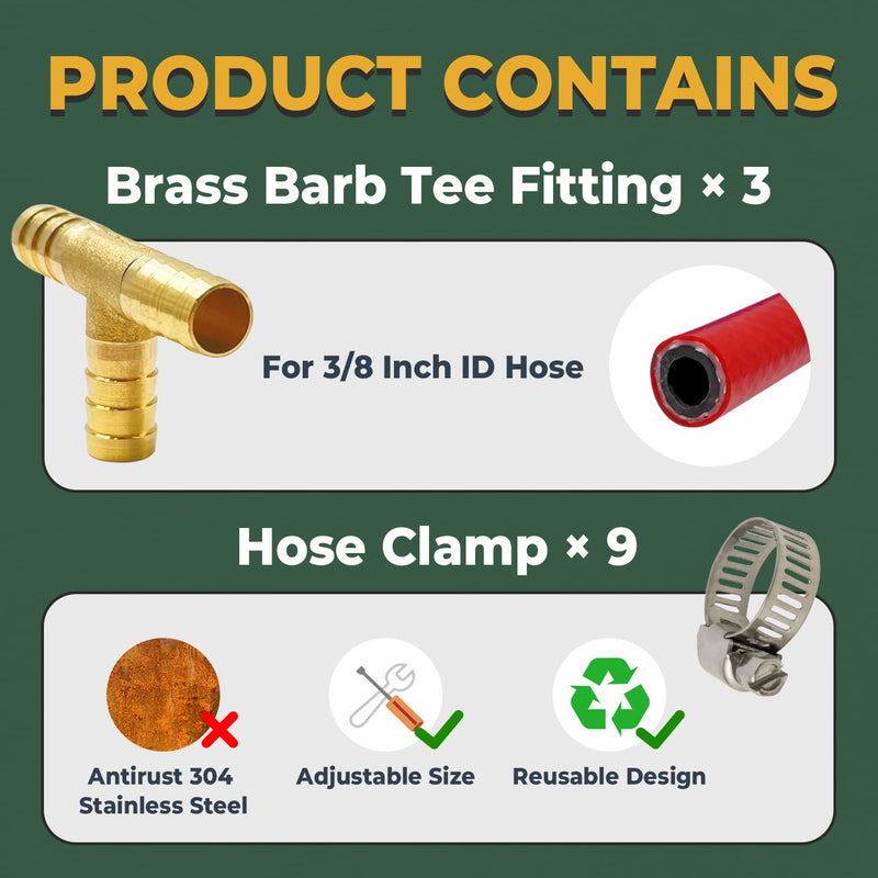[Australia - AusPower] - LIONMAX Barb Tee Fittings 3 PCS, 3/8" x 3/8" x 3/8" ID Hose Barb, Brass Hose Barb T Fitting 3 Way Union Fittings, with 9 Hose Clamps, for Water/Fuel/Air 